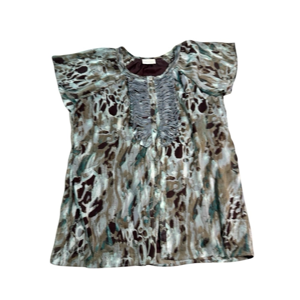 Soft Surroundings Top Women's Large Chiffon Button Abstract green‎ brow Flutter